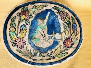 Antique Hand Painted Tile Princess Dancer 10” X 8” 1800’s Salvage Turkish?