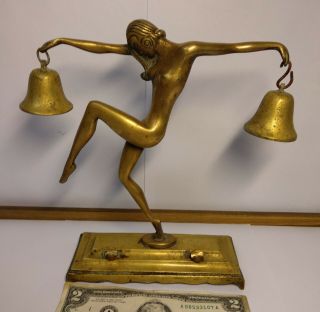 Antique Art Deco Nude Dancing Lady & Bells Figural Bronze Sculpture Statue Gong