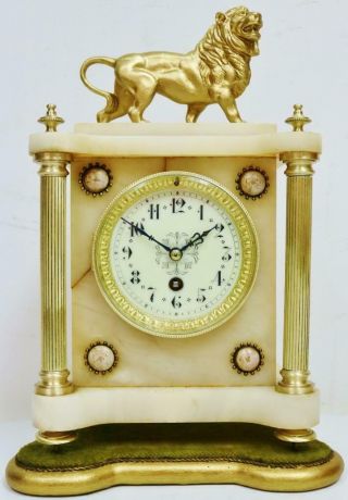 Antique French 8 Day Alabaster & Gilt Metal Lion Figural Timepiece Mantle Clock
