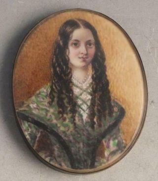 Antique 18th Or 19th C.  Miniature Portrait Of A Lady With Long Curls