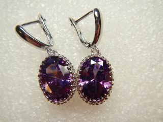 Vintage Sterling Silver Purple Amethyst Oval Cut Gemstone Dangle Earrings