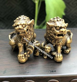 2.  7 Cm China Pure Bronze Foo Dog Lion Beast Animal Wealth Amulet Sculpture Pair