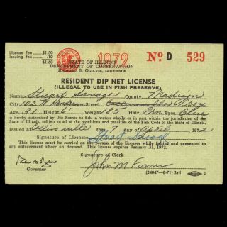 1972 Illinois Resident Dip Net Fishing License