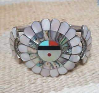 Antique Zuni Sunface Sterling Silver Cuff Bracelet Mother Of Pearl Inlay