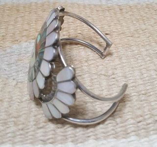 Antique Zuni Sunface Sterling Silver Cuff Bracelet Mother of Pearl inlay 2