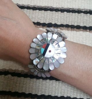 Antique Zuni Sunface Sterling Silver Cuff Bracelet Mother of Pearl inlay 4