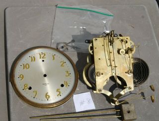Antique Gilbert Brass Clock Movement W/ Dial,  Door,  Hands,  Chime Rods (8)