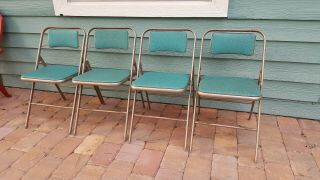 Set Of 4 Vintage Samsonite 6881 Metal Folding Chairs Turquoise Vinyl Cushions