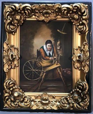 Antique Victorian Style Primitive Old Lady & Spinning Wheel Interior Painting