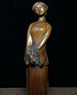 Collectable Handwork Boxwood Carve Wear Cheongsam China Special Belle Old Statue
