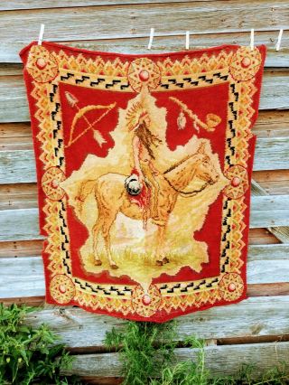 Antique Cover Velvet Chenille Indian Chief On Horse Western 45x38 ".  Tlc