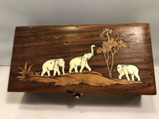 Vintage Wood Box Inlaid Elephant Jewelry Hand - Carved Ornament Inlaid