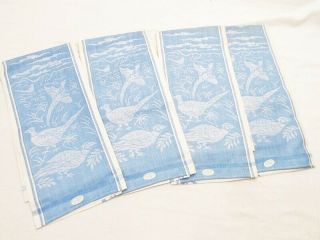 4 Vintage Irish Linen Damask Towels,  32x22,  W/ Tags,  Blue Pheasant