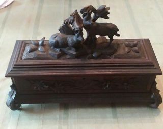 Black Forest German Carved Wooden Horned Sheep Flowers Jewel Case Box