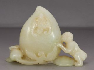 Chinese Exquisite Hand - Carved Peach Bat Monkey Carving Hetian Jade Statue