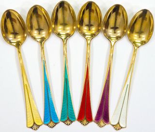 David Andersen Norway Sterling Demitasse Spoons Enameled Gold Wash (set Of 6)