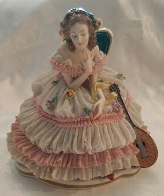 Antique Large Volkstedt Dresden Lace Figurine Seated Lady With Lute Germany