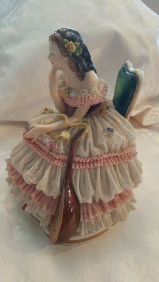 Antique large VOLKSTEDT DRESDEN LACE Figurine seated lady with Lute Germany 3