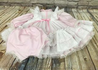 Vintage Doll Pink Dress Panty Clothes Lace Trim White Pinafore Fits 21 Dolls