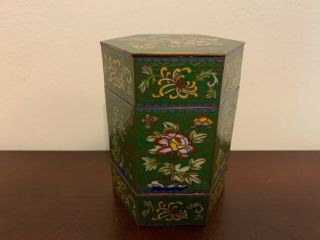 Chinese Cloisonne Black Enamel Blossoms Hexagon Trinket Canister Snuff Jewelry