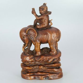 Chinese Exquisite Hand - Carved Elephant Monkey Carving Boxwood Statue