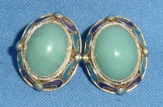 Antique Chinese Export Silver Gilt Filigree Enamel Cloisonne Jade Clip Earrings