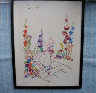 Old Antique Crinoline Lavender Flower Lady Embroidery Tapestry C.  1920 - 30s Framed