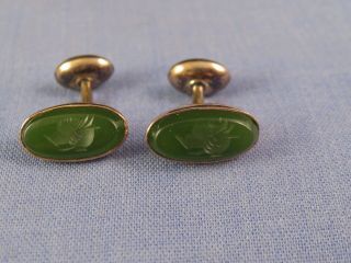 Antique Gold & Green Nephrite Jade Cufflinks Cuff Links Intaglio Soldier Studs