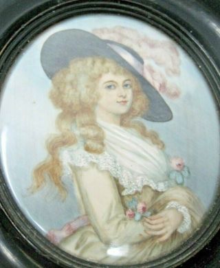 Antique Miniature Painting Hand Painted Portrait Black Wood Framed 19th Century