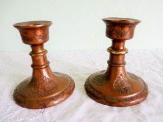 Two Arts & Crafts Hammered Copper Ornate Antique Candlestick Candlesticks Pair