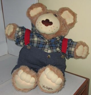 Vintage 1986 Xavier Roberts Furskins 22” Teddy Bear Plush Doll Blue Flan Overall