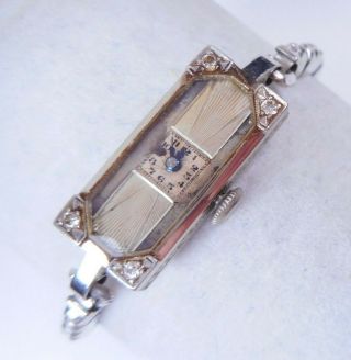 Antique Art Deco 18k Solid White Gold Diamond Case Wheeler Wristwatch Runs