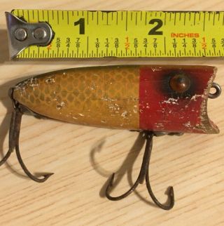 Vintage Heddon Wood Baby Lucky 13 Fishing Lure Glass Eyes Silver Scale Red Head