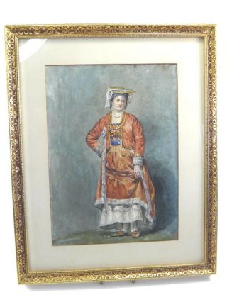 Antique 19th Century Continental Watercolour Portrait Painting Of Italian Lady
