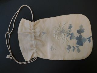 Vintage Antique Silk Embroidered Butterfly Jewelry Lingerie Drawstring Bag Sack