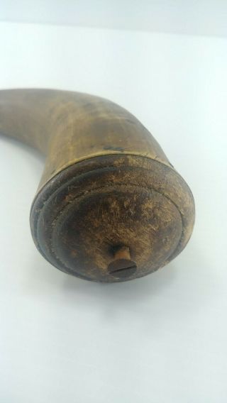 Antique Vintage Powder Horn Hand Carved Black Powder Horn - Wood End And Plug. 2