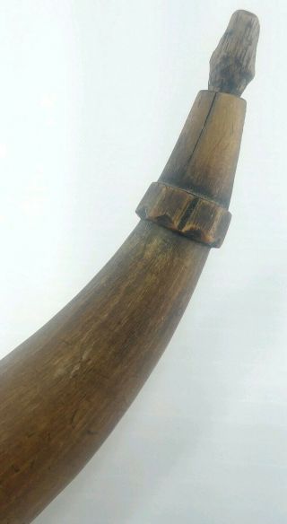 Antique Vintage Powder Horn Hand Carved Black Powder Horn - Wood End And Plug. 3