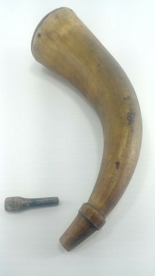 Antique Vintage Powder Horn Hand Carved Black Powder Horn - Wood End And Plug. 6