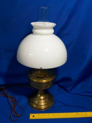 Brass Electrified Oil Lanter Hurricane Lamp Milk Glass Shade Antique Vtg Burner