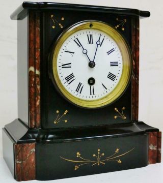 Antique French 8 Day Slate & Marble Timepiece Mantel Clock Engraved Decoration