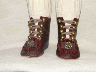 Leather High Bordo Shoes For Antique Doll French Style 3 " And 5/8 (or 91 Mm)