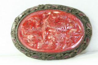 Vtg Antique Chinese Export Silver Over Copper Enamel Cinnabar Pin