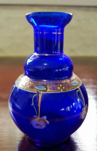 Art Nouveau Bohemian Cobalt Blue Flower Gold Gilt & Handpainted Enamel Bud Vase