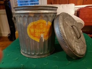 Vintage Old Wheeling Galvanized Metal Garbage Trash Can W/ Lid 906 Solid
