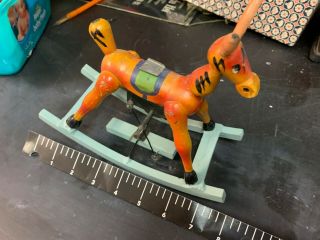 Vintage Wind Up Toy Tin Rocking Horse Wood Wooden Antique Toy