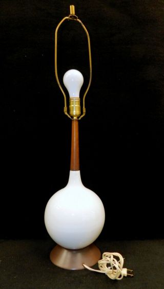 Mid Century Modern Table Lamp White Ceramic Globe Teak Post