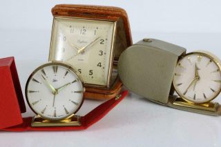 3x Travel Alarm Clocks With Leather Cases German Emes & British Safari