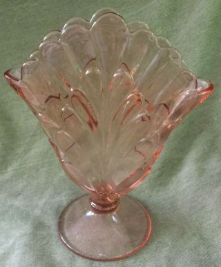 Antique Pink Depression Glass Peacock Design Fan Vase