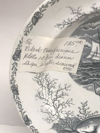 Antique Black Transferware Plate Aesthetic Movement Sea Shell Ship Oceanic c1840 5