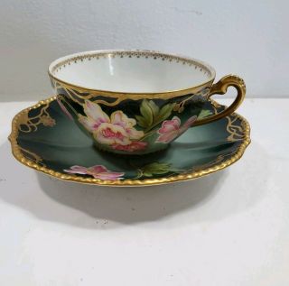 Antique Elite Limoges Floral And Gold Laced Tea Cup And Saucer